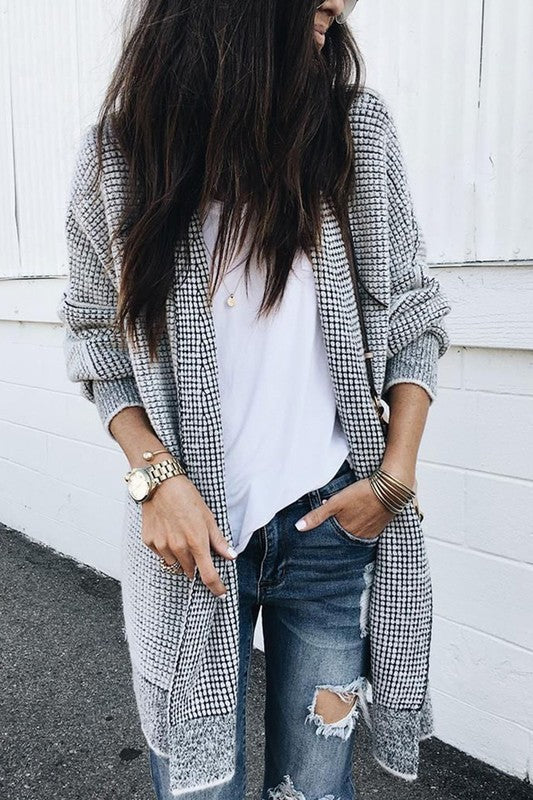 Plaid Long Sleeve Open Front Knit Sweater